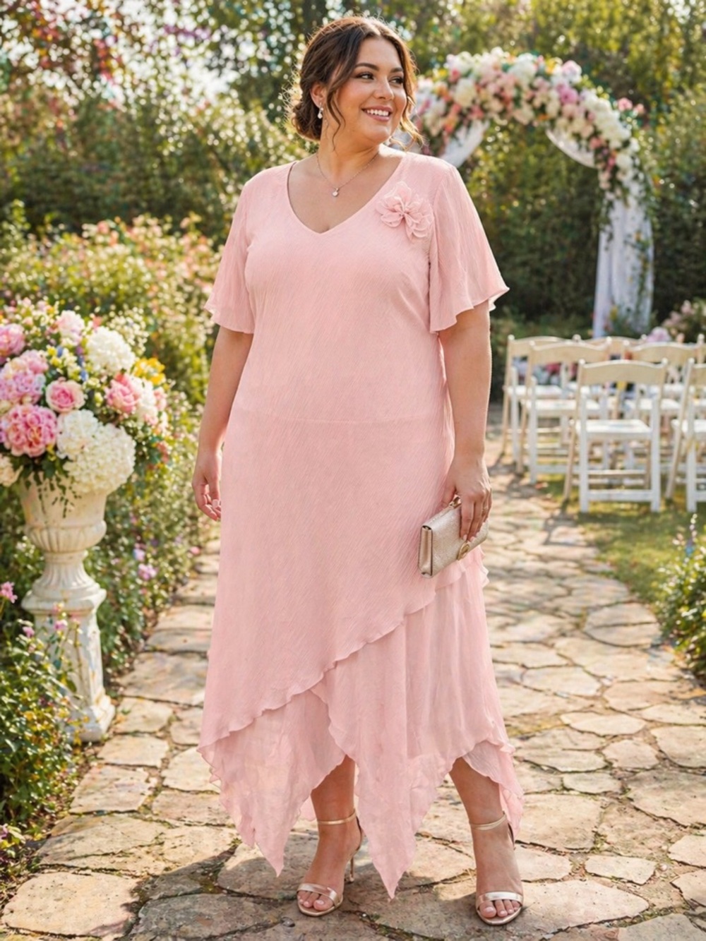 Plus Sz 20 Long Formal Dress Pink Crinkle Chiffon Handkerchief Hem V-Neck Line